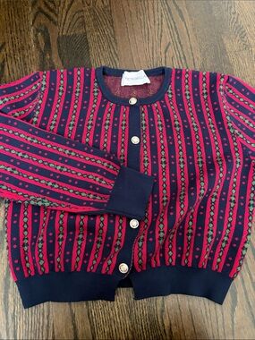 Red & Navy Striped Knit Cardigan